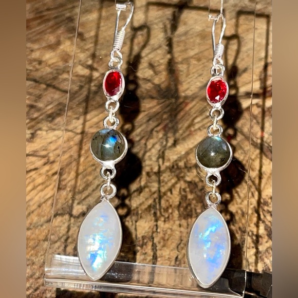 handmade & handcrafted gemstone jewelry Jewelry - Rainbow Moonstone & Labradorite Earrings 2 1/2”